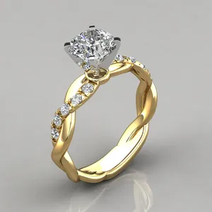 Elegante anello di fidanzamento placcato oro 18k con fascia intrecciata e diamante princess