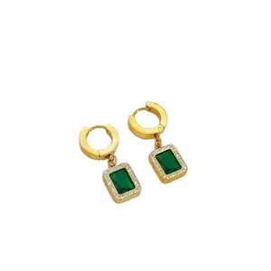 Elegant gold-tone hoop earrings featuring rectangular emerald green gemstone drop pendants