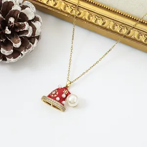 Christmas Gold Plated Copper Enamel Pendant Necklace Zirconia Elk Snowman Santa Claus Cute Festive Jewelry For Women