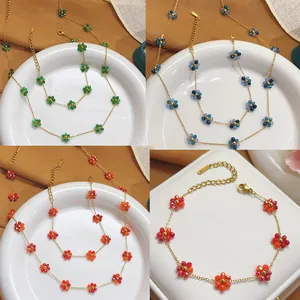 Stainless Steel Colorful Crystal Flower Necklace Bracelet Anklet For Women Bohemian Artificial Pearl Rhinestone Camellia Floral Jewelry