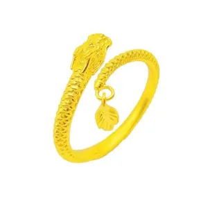 Elegant adjustable gold dragon zodiac ring with a flexible dangling leaf charm for women
