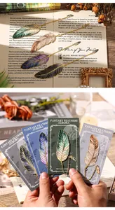 Detailed view of elegant feather metal bookmarks in four vibrant colors with chains.