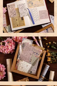 Close-up of vintage aesthetic scrapbooking papers with retro prints and ephemera