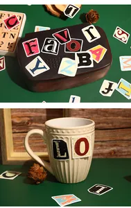 Vintage-Alphabet-Aufkleber für DIY-Handwerk, auf einer Tasse und Box zur Dekoration angebracht