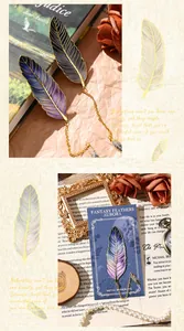 Detail of an elegant metal feather bookmark featuring a purple gradient and gold chain