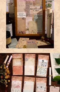 Detail view of various vintage nostalgic material paper sets for scrapbooking and DIY
