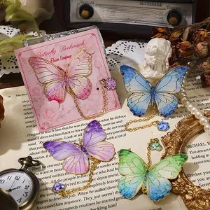 Vintage Metal Butterfly Bookmark Hollow Gradient Page Marker Decorative Book Clip With Gemstone Pendant For Students Readers Gift Stationery