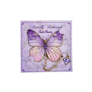 Exquisite purple enamel butterfly metal bookmark with gold chain and diamond charm.