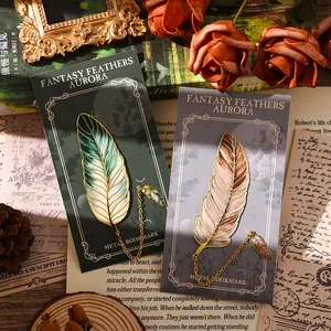 Elegant vintage metal feather bookmarks with chain pendant in gift packaging display