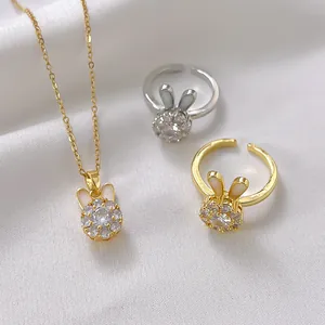 Sweet Rotating Rabbit Pendant Necklace Titanium Steel Copper Rhinestone Enamel Animal Jewelry Open Ring Stud Earrings