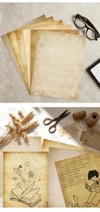 Close-up of vintage retro aged A4 paper with creative illustrations and inspirational quotes