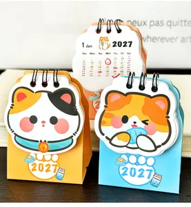 Cute 2027 mini desktop calendar featuring cartoon cat designs for office study desk decor