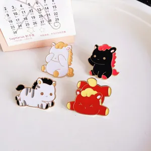 Detailed view of four cute colorful cartoon horse enamel pins for 2026 Year of the Horse