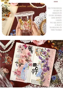 Beautiful collage of gold-foil floral PET stickers on a notebook and clear plastic cup
