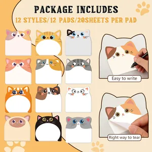 Lot de 12 blocs-notes autocollants chat mignon dessin animé pour bureau et école