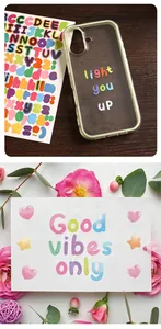 Detailansicht bunter DIY-Alphabet-Aufkleber auf Handyhülle und Dekorationskarte.