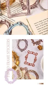 Close-up of vintage PET hollow photo frame stickers for scrapbooking decoration