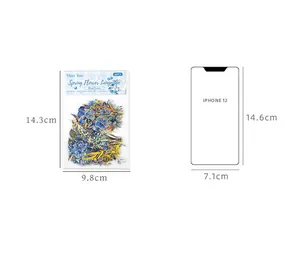 Size comparison of floral PET stickers with gold stamping next to an iPhone 12 model.
