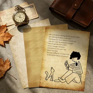 Vintage aged A4 stationery paper with decorative illustrations for DIY journals