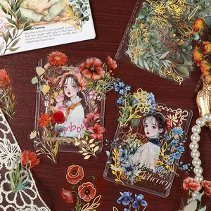 Vintage PET botanical floral stickers with gold stamping for journaling and collage