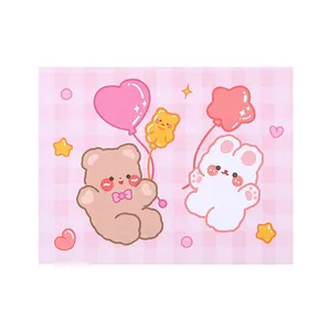 Cute pastel cartoon bear and rabbit illustration greeting card with pink checkered design