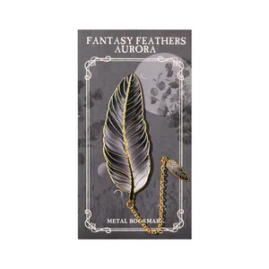 Elegant metal feather bookmark with purple gradient enamel finish and gold chain detail