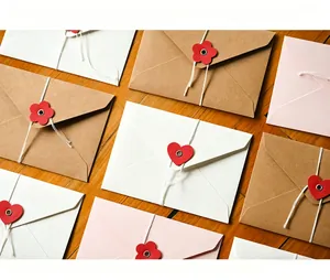 Detalle de sobres de papel kraft con elegante cierre de cordel y sello de corazón rojo.