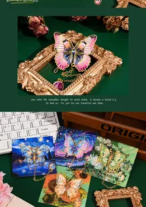 Detail view of colorful enamel butterfly bookmarks with elegant tassels and art cards
