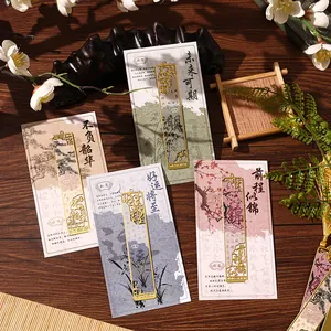 Vintage Chinese style gold metal bookmark set with poetic character cards