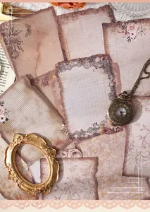 Primer plano de papeles decorativos vintage con motivos florali y encaje retro.