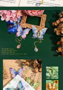 Close-up of elegant colorful butterfly metal bookmarks with delicate gold chains