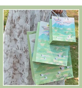 Premium artistic oil painting style paper gift bags showing detail and set variety