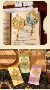 Detailed view of hollowed metal bookmarks with floral designs and elegant silk tassels