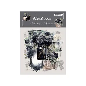 50 Stück Vintage schwarze Rosen PET-Aufkleber für Scrapbooking und DIY Dekoration