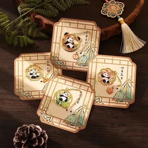 Set of 4 cute panda metal bookmarks with decorative traditional Chinese style cards.
