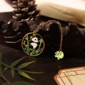 Exquisite cute panda metal bookmark with green bamboo enamel design and delicate gold chain