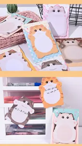 Detailed view of cute cartoon cat-shaped sticky notes used on a white desk organizer
