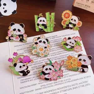 Cute Cartoon Panda Flower Metal Enamel Brooch Pins Zinc Alloy Animal Badge Backpack Clothes Lapel Pins For Women Kids Jewelry