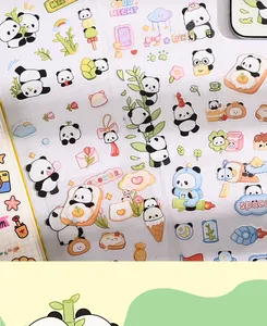 Macro detail view of cute cartoon panda PET transparent stickers for DIY journal decor