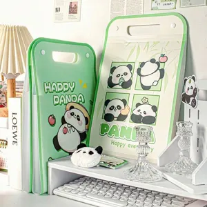 Detailed view of the cute panda themed accordion file folder on a white desk setup