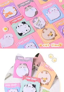 Macro detail of various cute cartoon cat-shaped sticky notes for student memo pad
