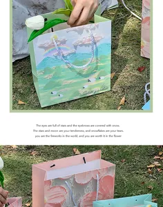 Detail of oil painting style gift bags with floral and mountain landscape patterns.