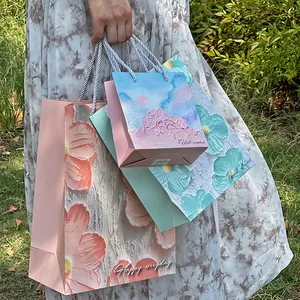 Artistic oil painting floral gift paper bags with silver braided handles gift set