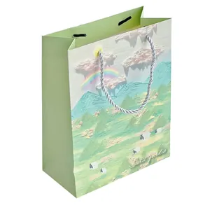 Elegant oil painting landscape gift bag with silver rope handles for festivals and gifts