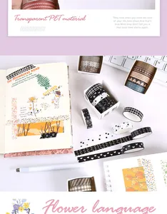 Diverse washi-tapes met patronen aangebracht op een creatieve notitieboekpagina.