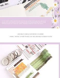 Gedetailleerd overzicht van florale washi-tape in een spiraalnotitieboek voor plakboek