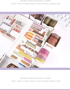 Diverse washi tapes met patronen op een dagboek met toetsenbord op de achtergrond