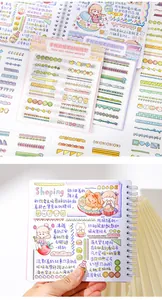 Detailed view of colorful decorative border stickers applied in a creative hand account notebook