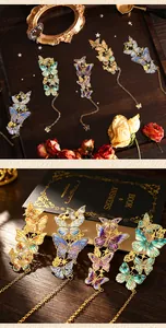 Detail view of exquisite metal butterfly bookmarks with delicate chains and charms.