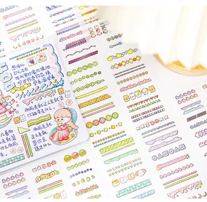 Close-up detail showing a variety of cute DIY scrapbook border stickers with cartoon motifs